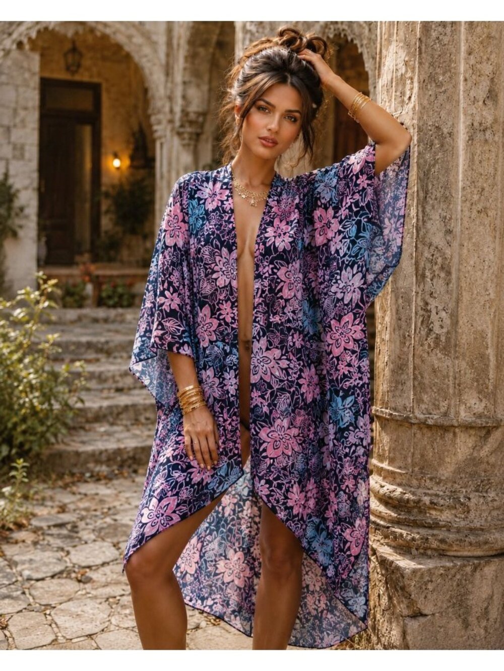 Blue Ginger Size XS Navy Pink Blue Rayon Kimono Caftan Tropical Resort Cover Up